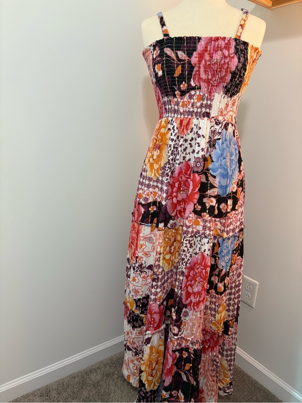 Floral Smocked, Patchwork Style Maxi Dress